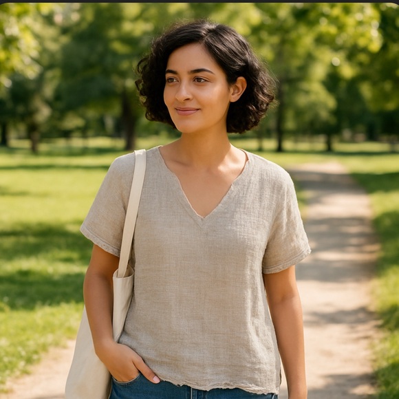 Vero Lino Tops - Vero Lino Linen V-neck Casual Top